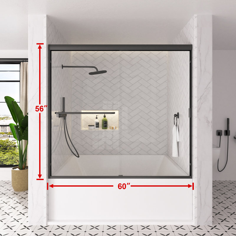 Nebula 60 In. W X 56 In. H Sliding Bath Tub Door In Semi Frameless With Clear Glass in Matte Black, Black