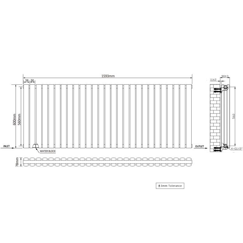 Shirly Horizontal Oval Panel Radiators, Anthracite, 60cm H x 159.3cm W, 2