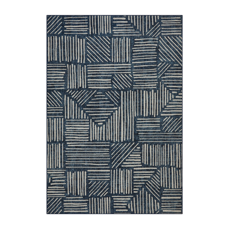 Tapis géométrique abstrait moderne lavable à la machine, tapis doux antidérapant à poils courts, Bleu, 2 x 3 pi