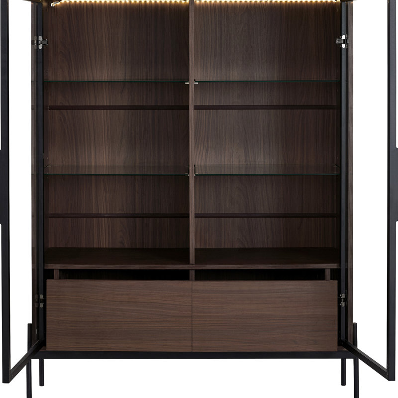 Tempered Glass Led Cabinet. Modern Style For Living Room, Office. Metal Legs, Construction. 4 Adjustable Shelves, 2 Drawers, Black + Dark Walnut Illuminated Cabinet With Door. Study, .