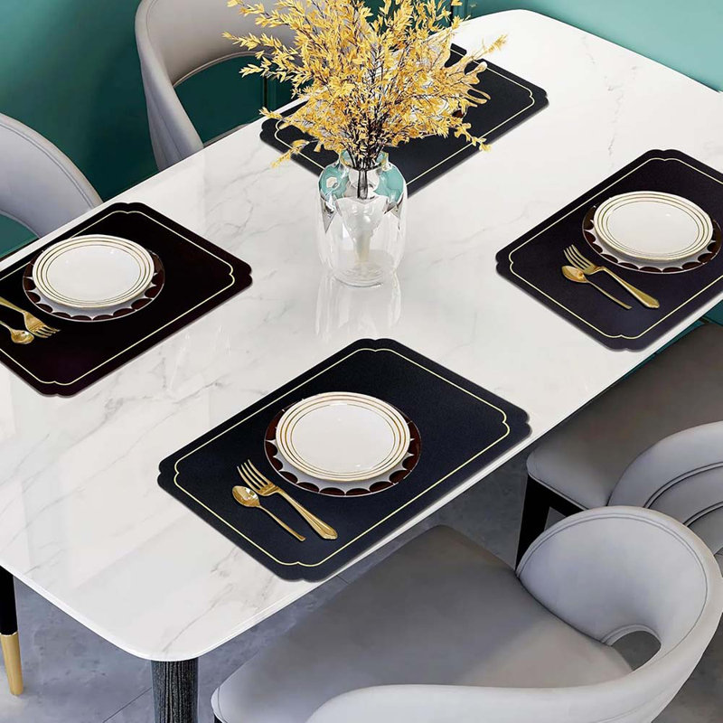 Black Faux Leather Placemats With Gold Trim Placemats And Coasters Set Of 6 Large Rectangular Table Mats Heat Resistant And Easy To Clean