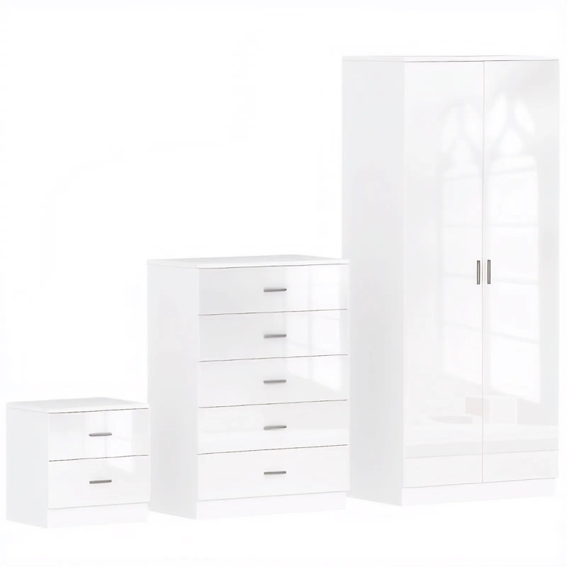 3-Piece White High Gloss Bedroom Set Wardrobe 5-Drawer Chest 2-Drawer Bedside MDF 76/70/45cm Anti-Tip