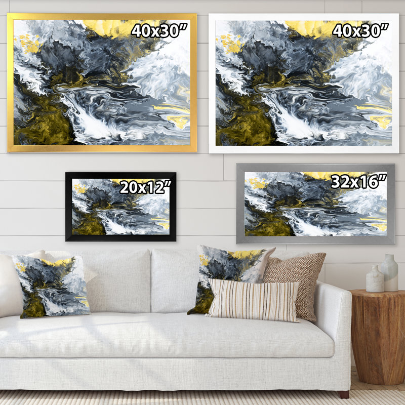 Rivière de marbre jaune dans un liquide Art Universe VII - peinture sur toile, H 35,5 po x l 45,5 po x P 1,5 po, Cadre blanc