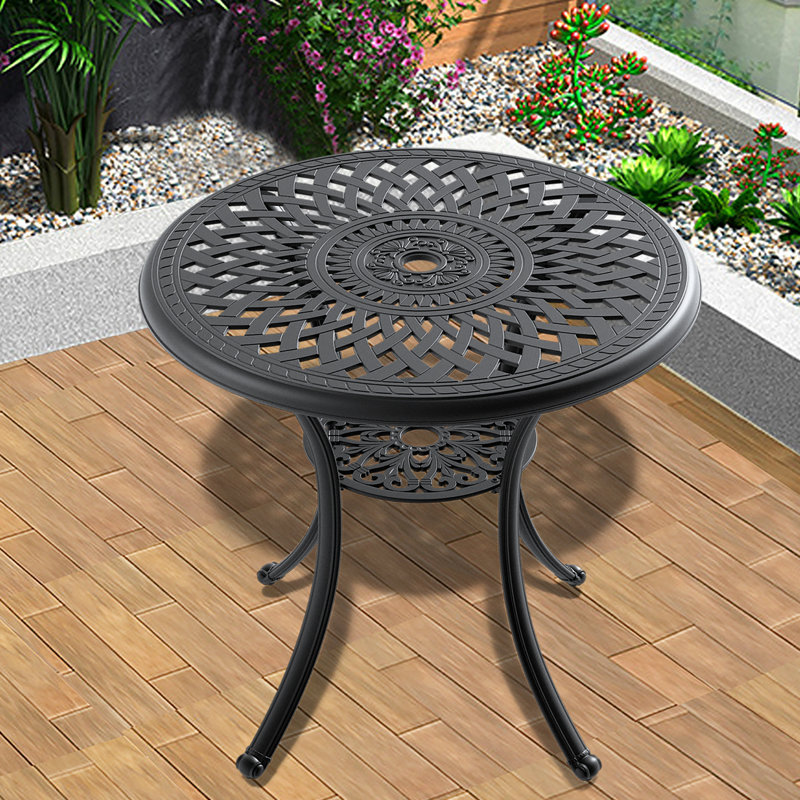 Table d'extérieur en fonte d'aluminium de 30,49 po avec structure noire et trou pour parasol - Finition, patio et rouille confortables - construction, caractéristique insonorisante