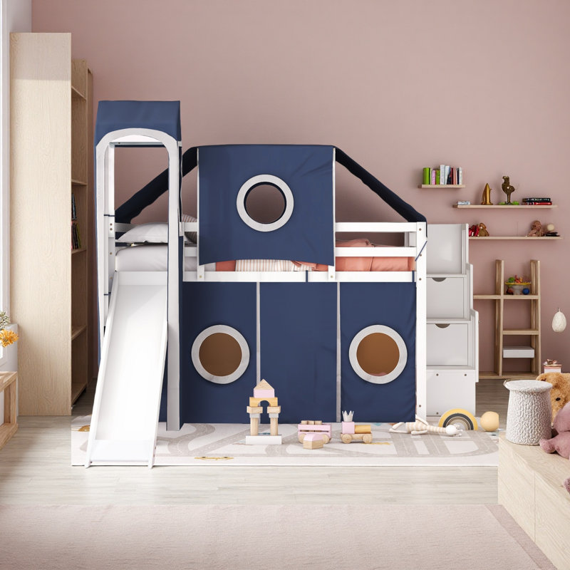 Lit mezzanine double avec tente et tour, Bleu