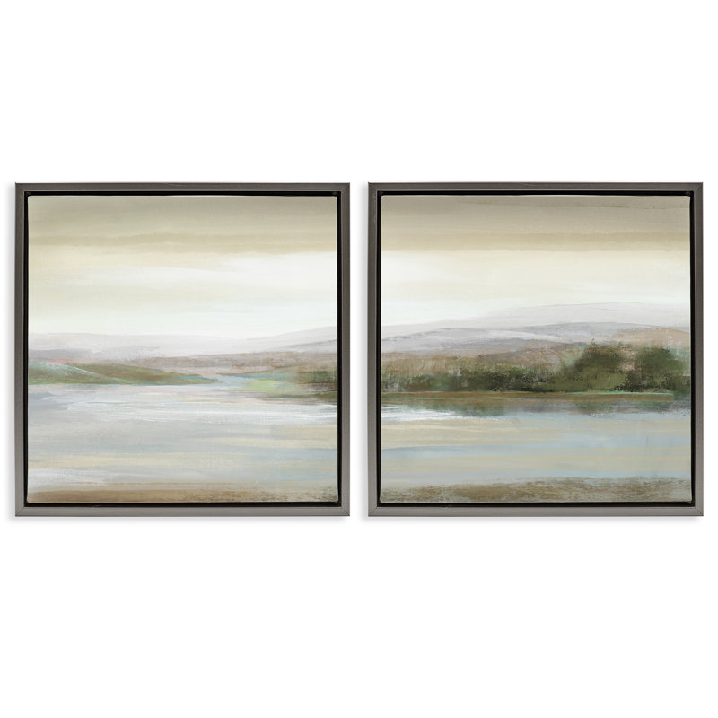 «Abstract Lakeside Landscape», ensemble de 2 toiles flottantes encadrées par Nan, Cadre flottant gris lustré