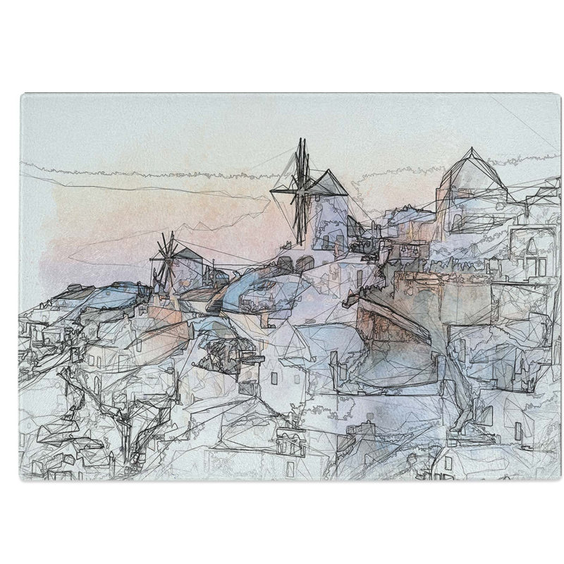 Tempered Glass Oia Santorini Skyline in Greece Chopping Board, 39 cm W x 28.5 cm L