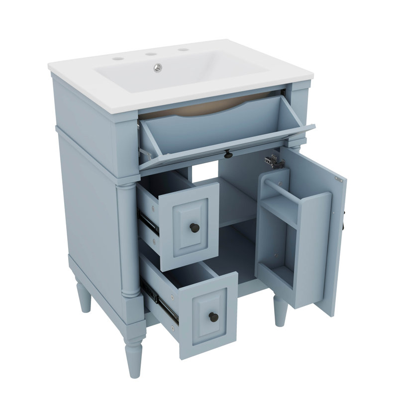 Meuble-lavabo avec lavabo intégré, armoire autoportante avec tiroir rabattable et tablette réglable, Bleu gris