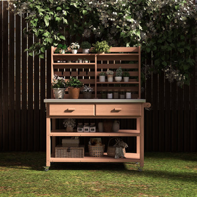 Table de rempotage d'extérieur avec plateau en acier inoxydable et roues verrouillables
