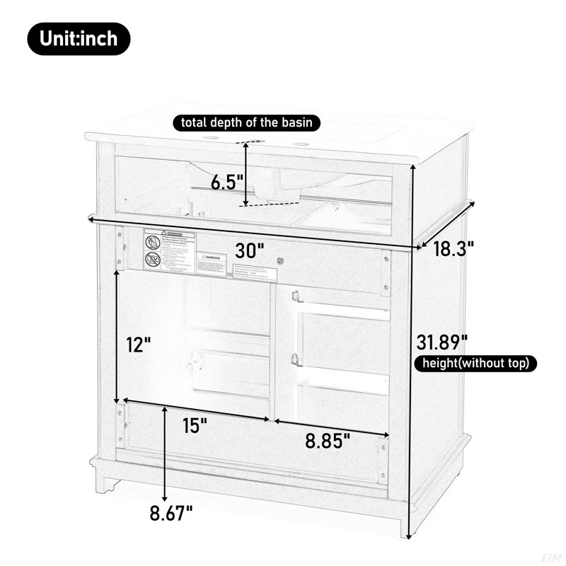 30" Bathroom Vanity With Sink, One Tip-Out Drawer, Three Drawers, Door Shelf, Soft Closing Door