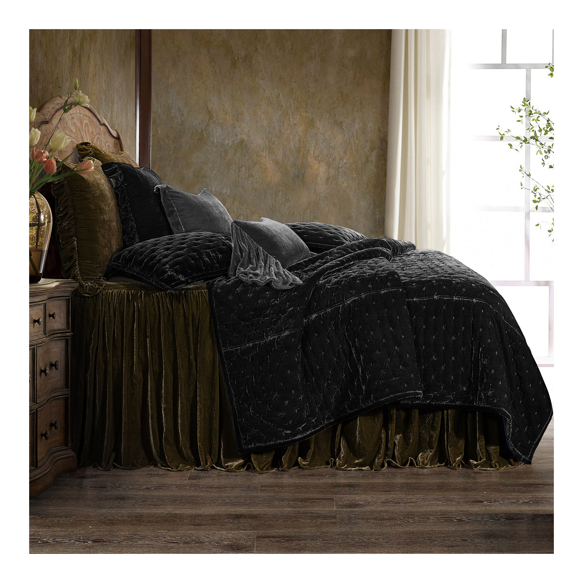 Stella Faux Silk Velvet Classic Chic Modern Rustic Romantic Western 1 Piece Quilt, Black, Twin Quilt