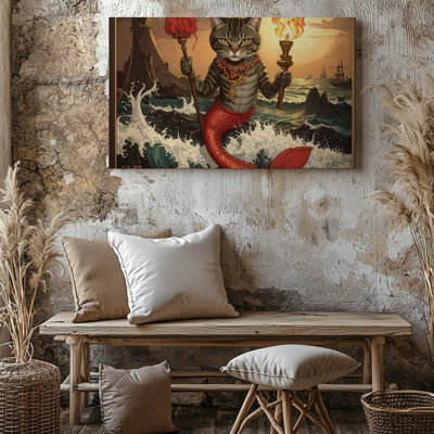 Mermaid Cat Guardian Fantasy Oceanic Guardian Dive Into A Canvas Wall Art Ready To Hang Gallery Wrapped Home Decor Premium Quality