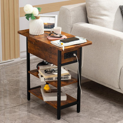 Table de bout avec station de charge, table d'appoint rabattable avec ports et prises USB, table de chevet pour canapé, table de chevet pour le salon, table de chevet étroite avec tablettes de rangement pour les petits espaces