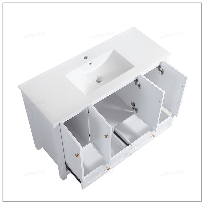 Meuble-lavabo de 48 po avec 4 portes coulissantes et 2 tiroirs, Blanc, Blanc