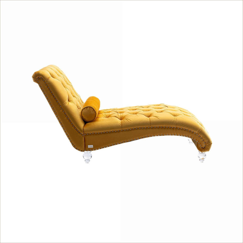  Single-Seat 64-Inch Button-Tufted Indoor Chaise Lounge, Velvet Upholstered Soft Yellow, Yellow