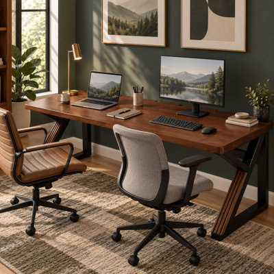 Bureau double industriel rustique de 160 cm (63 pouces) avec plateau extra long et épais et structure en K renforcée, idéal pour le bureau à domicile, les études et les espaces de travail partagés.