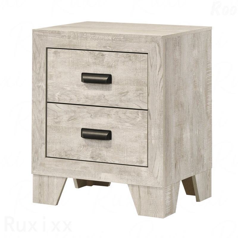 Table de chevet 2 tiroirs en bois blanchi blanc, style transitionnel avec quincaillerie en métal