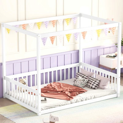 Full Size Canopy Frame Rubber Wood Floor Bed With Fence,Guardrails