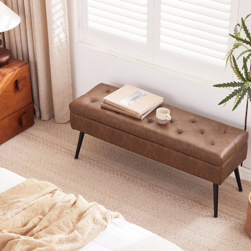 Honoka Faux Leather Upholstered Storage Bench, Retro Brown, 17" H x 43.5" W x 13.8" D