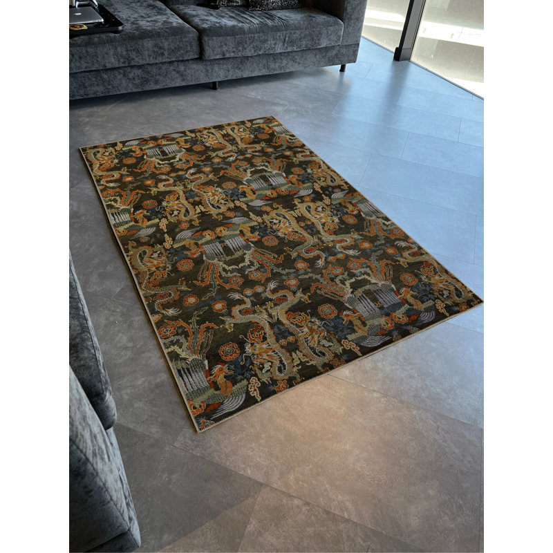 Tapis décoratif multicolore à motif abstrait de palais et de dragon, Rectangle 4 pi 11 po x 7 pi 7 po