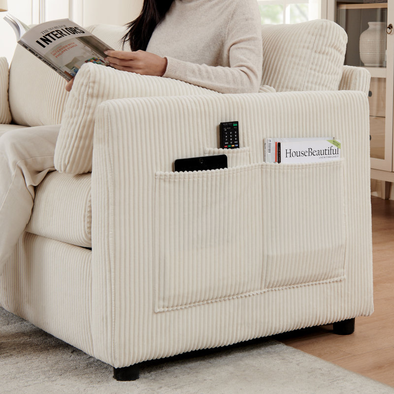Ali 37.7" Corduroy Upholstered Accent Chair with 2 Pillows, Beige
