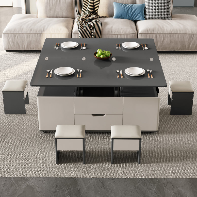 Table centrale multifonctionnelle, table basse à plateau relevable moderne avec 4 tabourets de rangement, table basse extensible