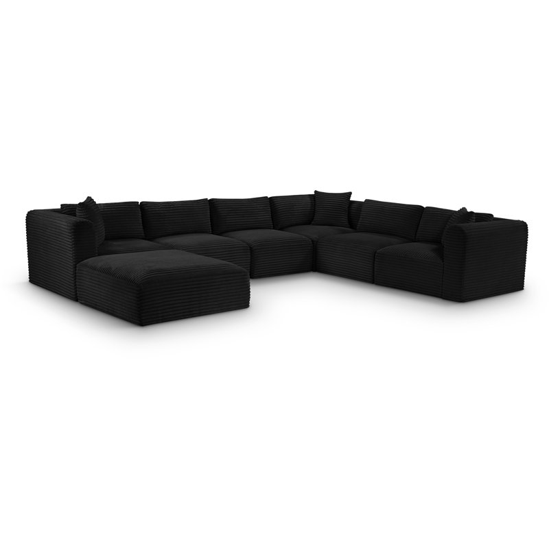 Canapé modulaire Carmean, Tissu velours côtelé texturé noir, 3 Armless, 3 Corner, 1 Ottoman