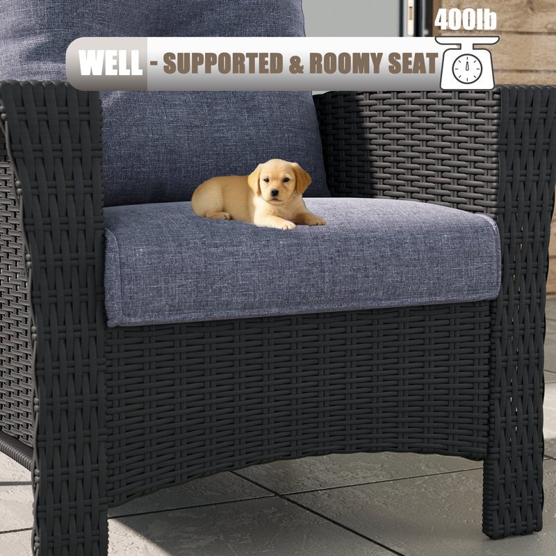3 Piece Wicker Patio Furniture Set, Classis Outdoor Conversation Armrest Chairs Set With Coffee Table, Navy, Black