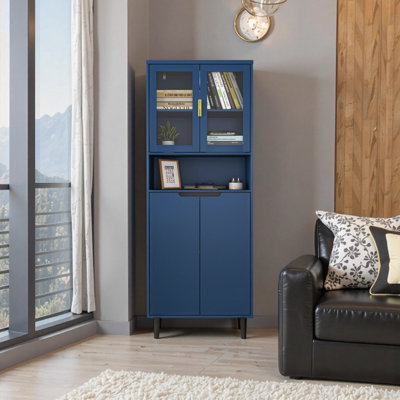 Navy Blue Tempered Glass Door Tall Storage Cabinet with Adjustable Shelves - 4-Door MDF Bookcase for Living Room, Bedroom, Office Organization