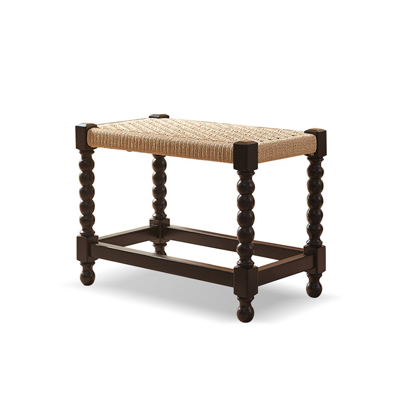 Beige Black Solid Wood Linen Bench