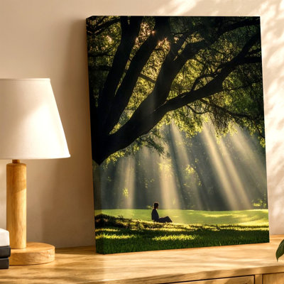 Sun Rays Through Tree Forest Landscape Meditating Woman Nature Print Canvas Wall Art Print, Nature Landscape Artwork for Living Room Bedroom Office Hallway Gallery Wall Home Decor Accent
