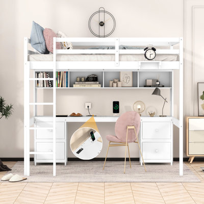 Loft Bed With Desk, Charging Ports, And Ample Drawer Space - White Wood Desk Multiple Storage, Bedside Tray Construction