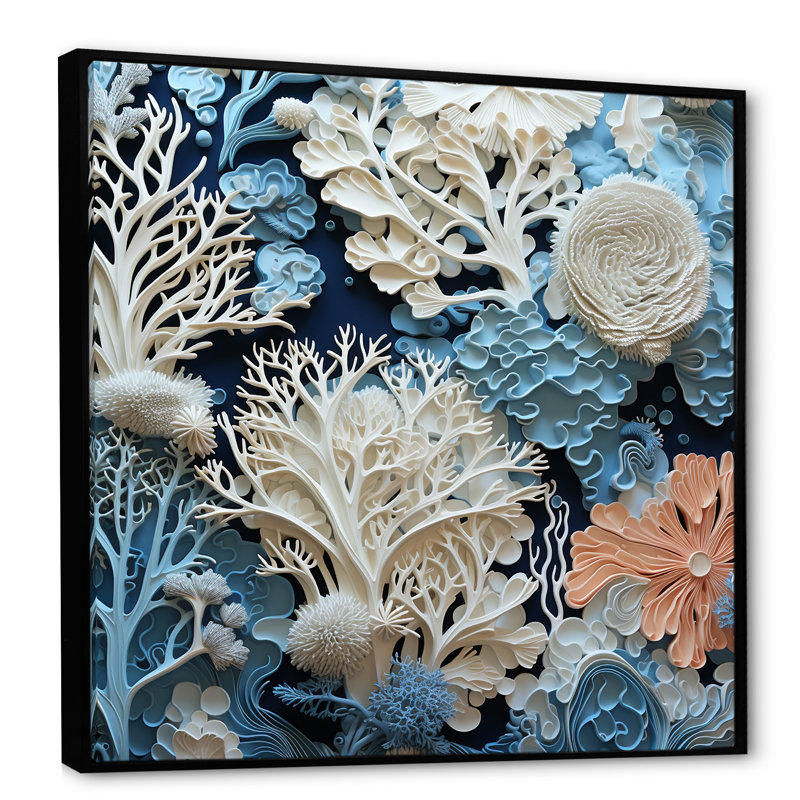 Under Water Blue and White Corals Collage I - Coastal, reproduction sur toile encadrée, H 16 po x l 16 po x P 1 po