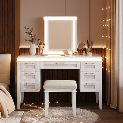 Meuble-lavabo 48 po avec miroir et lumières, coiffeuse de maquillage avec 7 tiroirs et tabouret rembourré, coiffeuse à finition beige classique avec tiroir à design creux