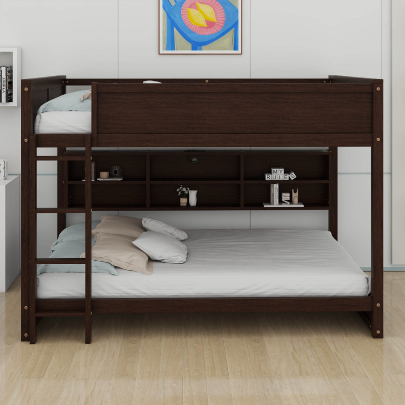 Queen Over Queen Bunk Bed, Solid Pine Wood Bunk Bed With Built-In Storage Cabinets, Charging Station,Ladder,Safety Guardrails
