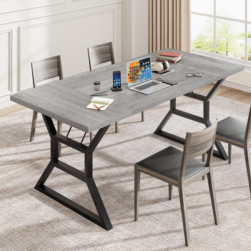 Dining Room Table For 6, 70 Inch Rectangular Kitchen Table With Heavy Duty Metal Legs, Farmhouse Wooden Dining Table, Grey