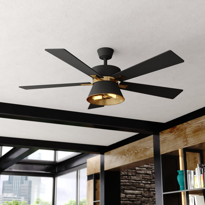 Khateeb 52 in. Black and Gold Indoor Rod Mount Mid-Century Modern Ceiling Fan with Reversible Black-Walnut Blades, Dimmable LED Light Kit and Remote Control Included, 3 Speeds, Metal Shade