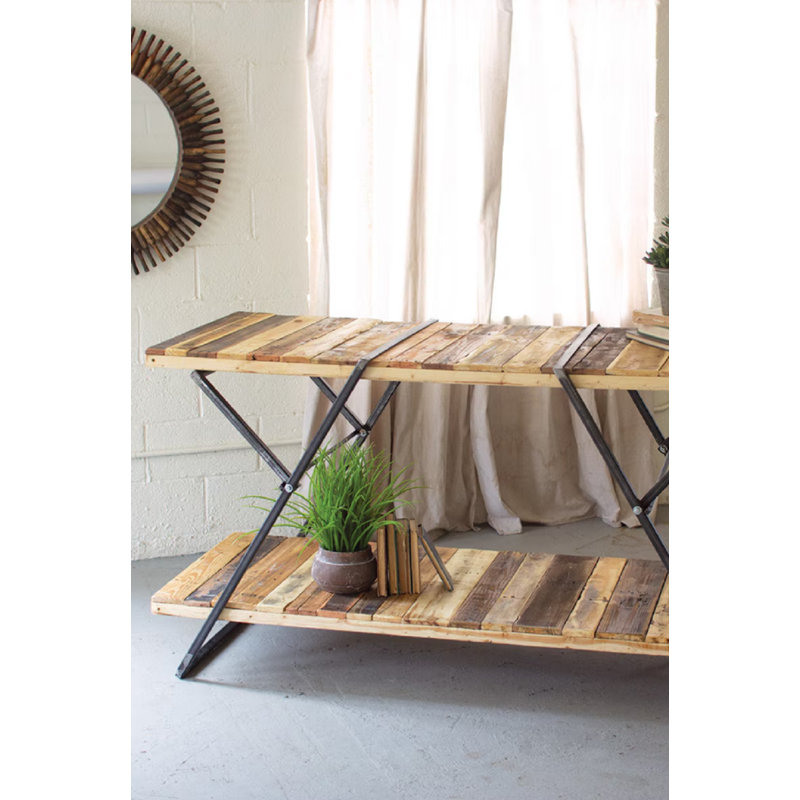 17 Stories Reclaimed Wood Two-Tiered Display Table With Folding Iron Base