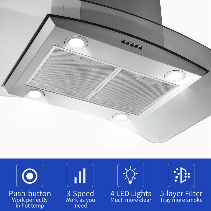 30 Inch Island Range Hood 700Cfm, Ceiling Mount Kitchen Vent Hood Stainless Steel Ducted/Ductless Convertible,5-Layer Filters, Curved Tempered Glass