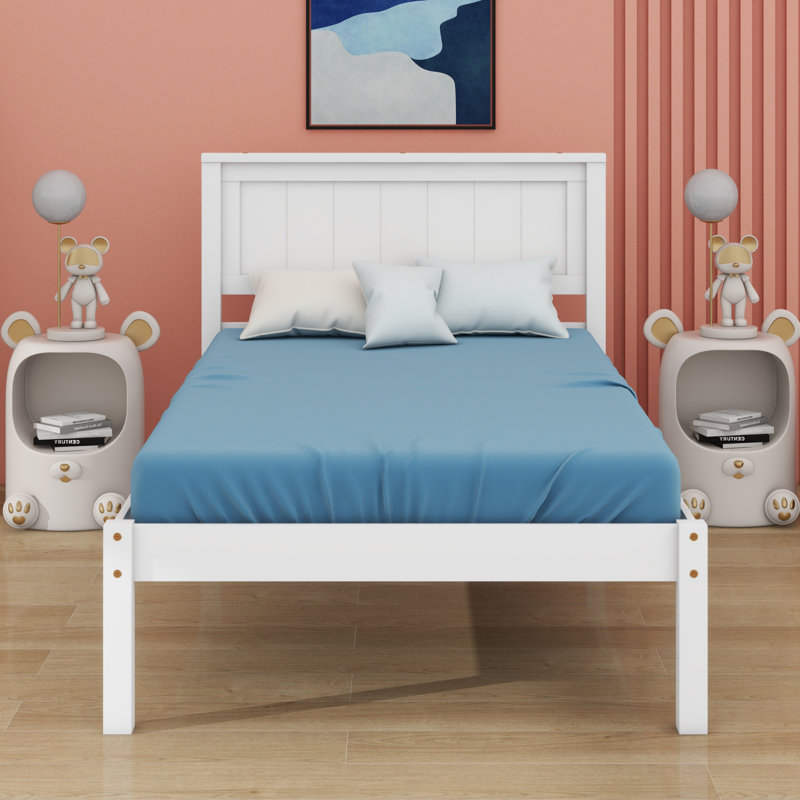 Platform Bed Frame With Headboard, Wood Slat Support, White