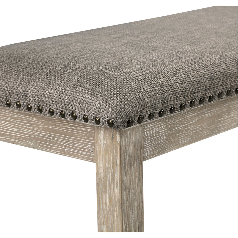 Banc de salle à manger avec esthétique traditionnelle, siège en lin gris, garniture cloutée, cadre brun en bois, profondeur d'assise de 16,5 po, banc rustique de 63,5 po de largeur, revêtement massif, hauteur de 20 po