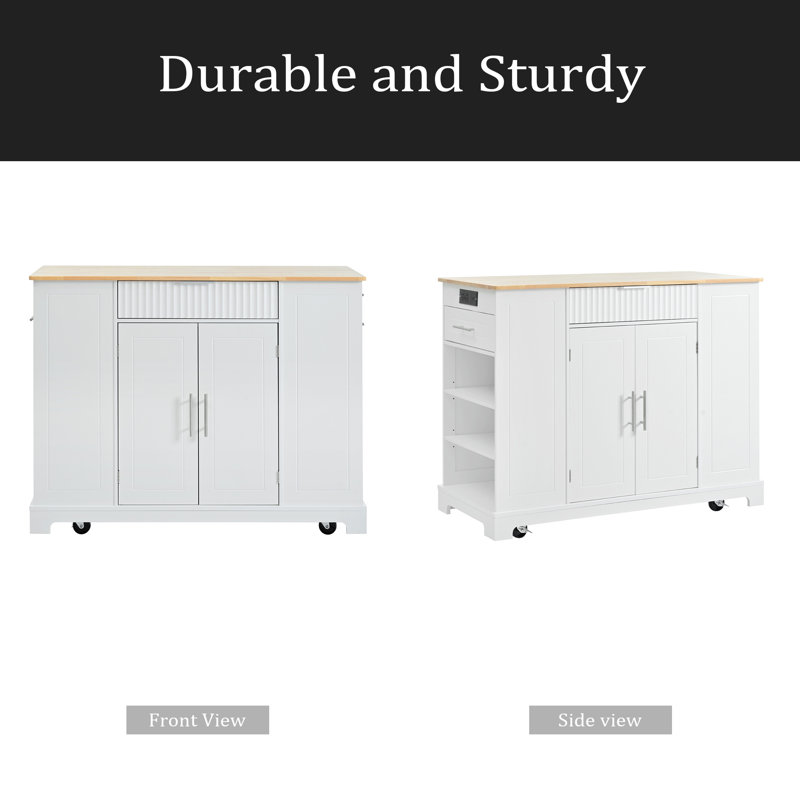 Fluted Kitchen Island With Trash Can Storage Cabinet, Power Outlet, Internal Storage Rack, Rolling Kitchen Islands On 5 Wheels With 3 Drawer, 3 Open Side Racks For 10 Gallon Garbage Bin