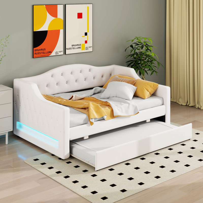 Upholstered Daybed With LED Belt And Trundle, Linen Sofabed For Kids Adults Bedroom,No Box-Spring Needed, Full XL, Beige