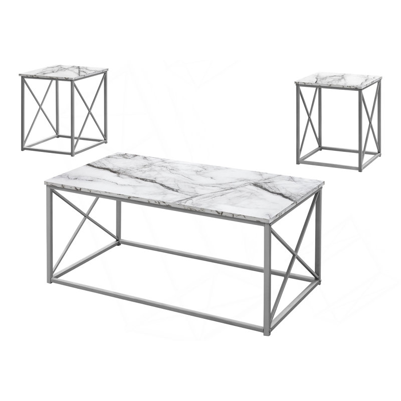 Ensemble de table, ensemble de 3 pièces, café, bout, côté, décor, salon, stratifié aspect marbre noir, métal, contemporain, moderne