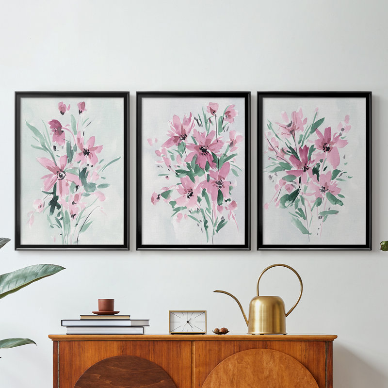 Posy Blooms II - Toile tendue avec châssis sur mesure - 3 pièces, H 21 po x l 30 po, Noir