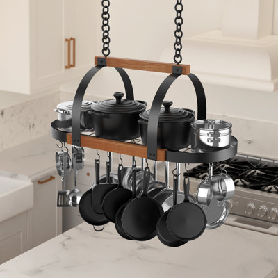 Natural Solid Wood 39 Inch Large Hanging Pot Rack With 20 Hooks Ceiling Mount Matte Black