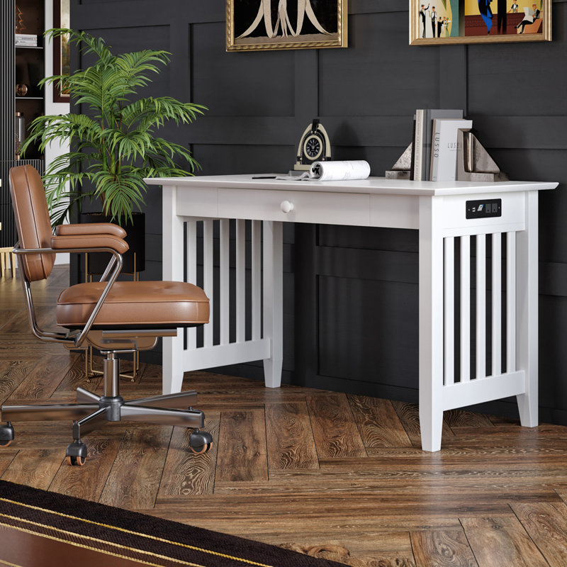 Tollett Solid Wood Work Desk with Storage Drawer & Built-in Charging Station, White
