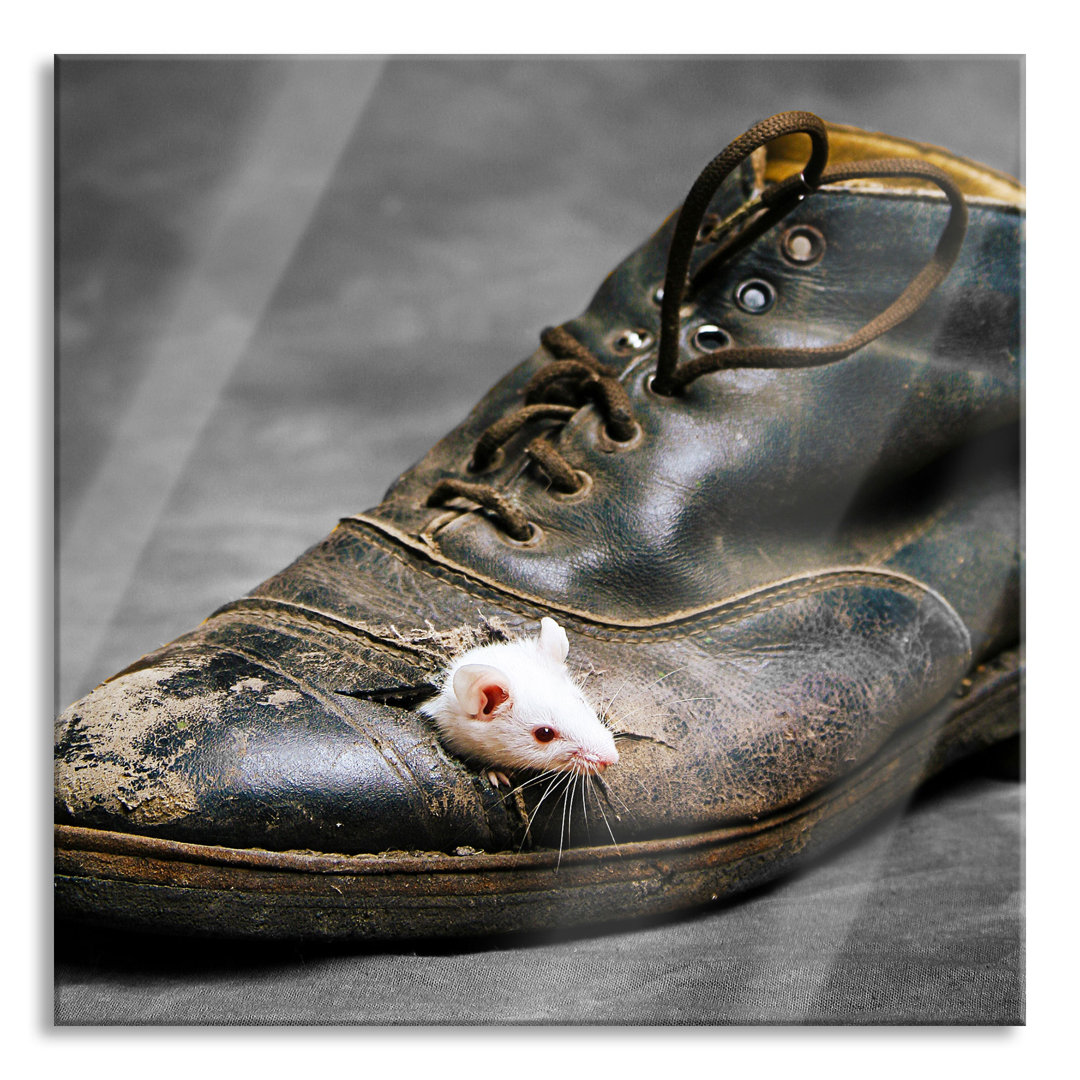 Glasbild Maus in schwarzem Schuh