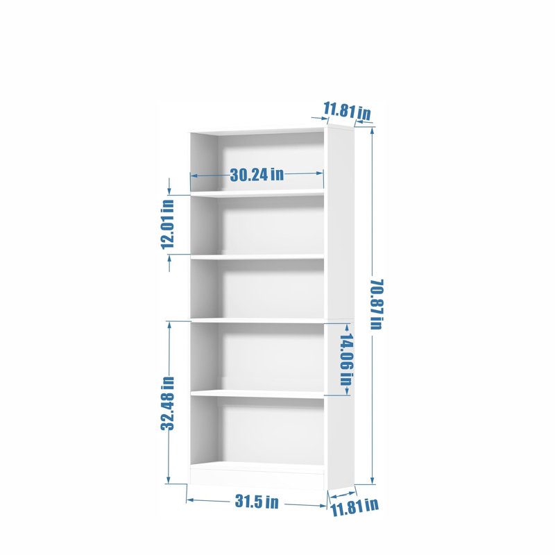 Bibliothèque de 71 po de hauteur, grande bibliothèque à 5 niveaux, bibliothèque en bois pour salon, bureau et bibliothèque
