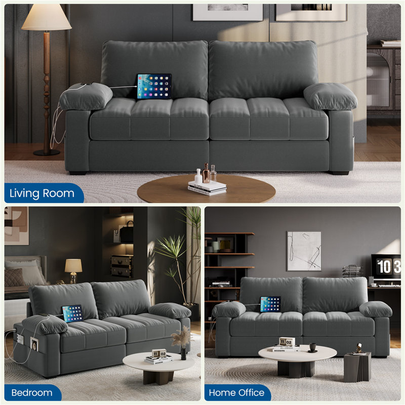  79'' W Upholstered Sofa Velvet Couch with USB Charging Ports, Gray